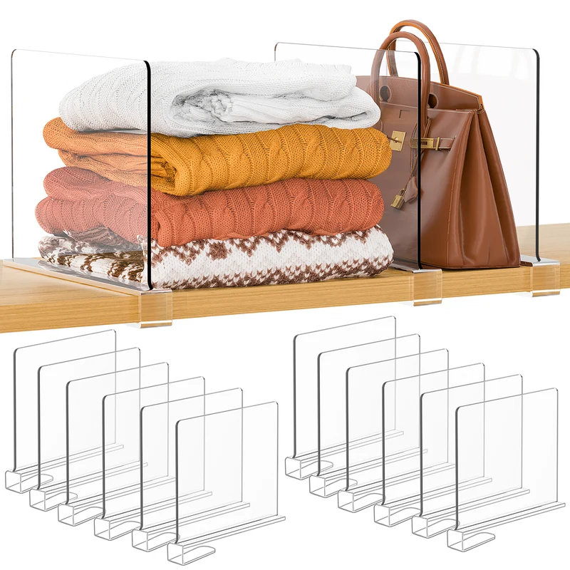 Purse Organizer for Closet Shelf Dividers: 12-Pack Adjustable Clear Acrylic Bag Storage Organizer for Handbags, Sweaters, Towels, Jeans and Shoes on Wood Shelves