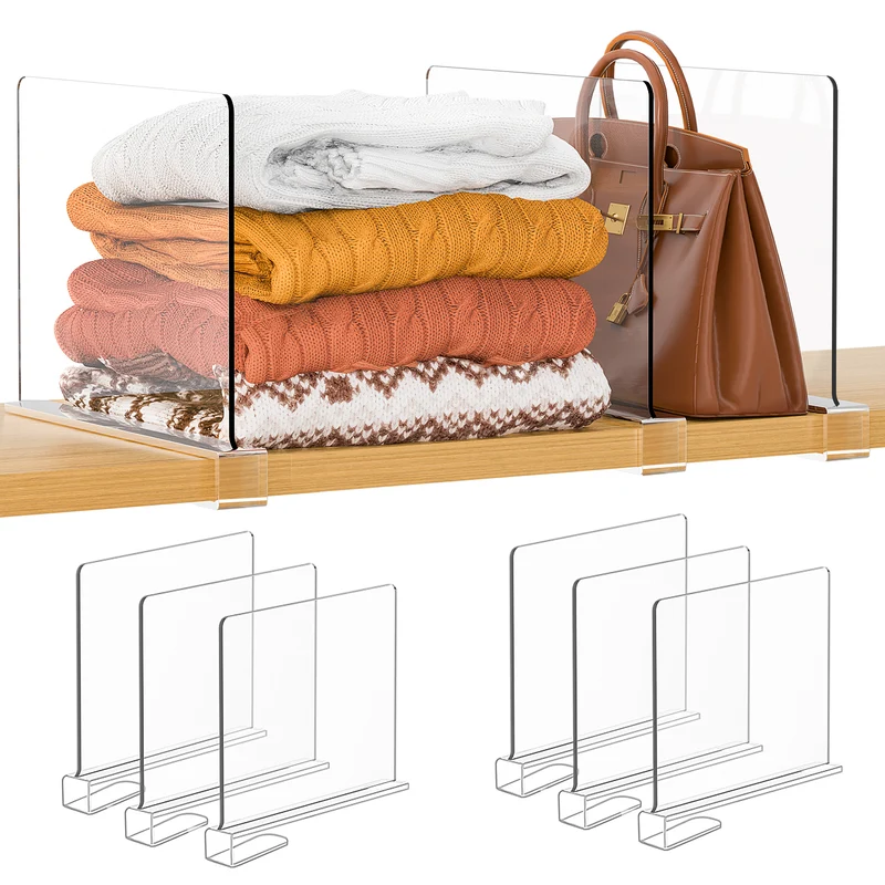 Purse Organizer for Closet Shelf Dividers: 6-Pack Adjustable Clear Acrylic Bag Storage Organizer for Handbags, Sweaters, Towels, Jeans and Shoes on Wood Shelves