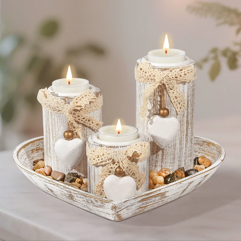 GoMaihe Wooden Candle Holder Set with “Love”Tray Set of 3 for Table Decor and Holiday Gift