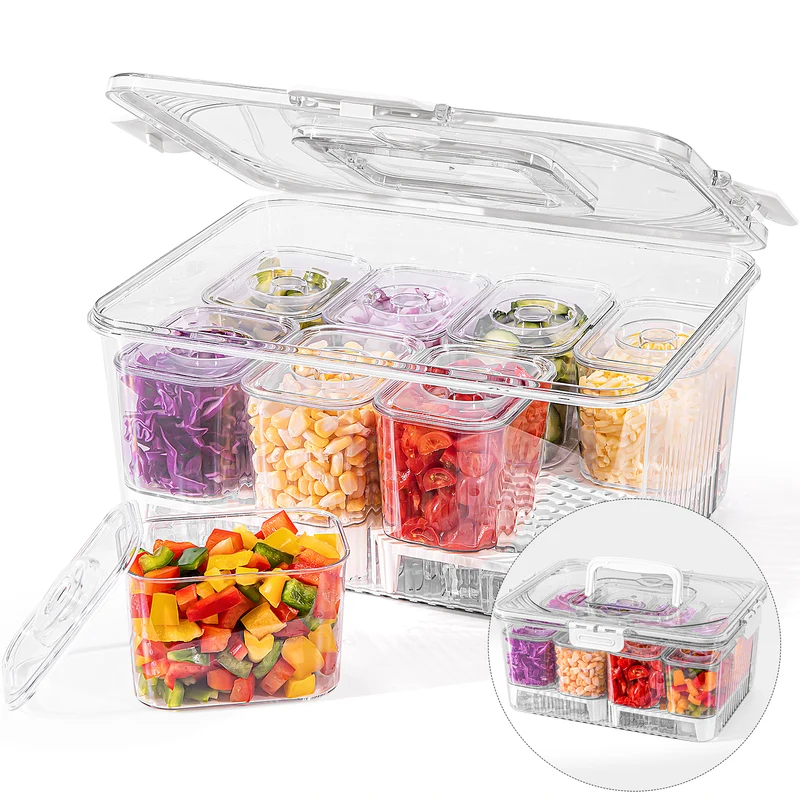 Taco Bar Serving Set for Party: Ice Chilled Condiment Caddy with Lid and Handle, Divided Serving Tray Platters with 8 Containers, Mimosa Supplies Bar Garnish Accessories for Picnic Fruit Salad