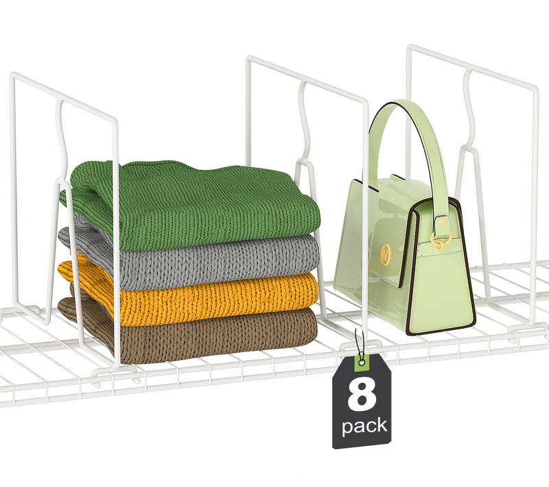 SortNStore Wire Shelf Dividers for Closet: Tall 8 Pack 12-inch Deep Wire Rack Accessories - Adjustable Purse Organizer for Clothes Handbags - Metal Pantry Separators