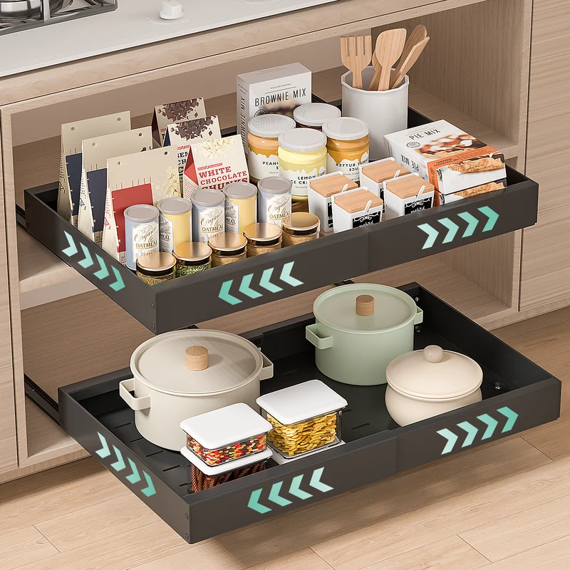 PNNP 2 pieces telescopic drawer extendable kitchen drawer: width adjustable 32-53 cm with self-adhesive pull-out rails without drilling for retrofitting and organizing cupboards | Black