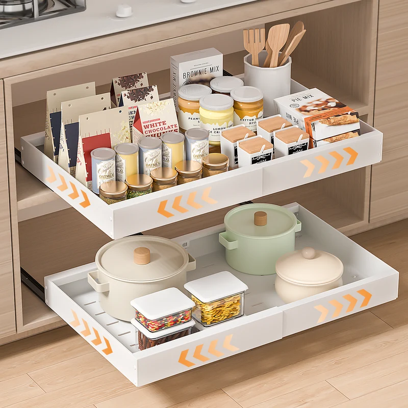 PNNP 2-Piece Telescopic Drawer Extendable Kitchen Drawer: Width Adjustable 32-53 cm with Self-Adhesive Pull-Out Rails No Drilling Required for Retrofitting and Organizing Cabinets | White