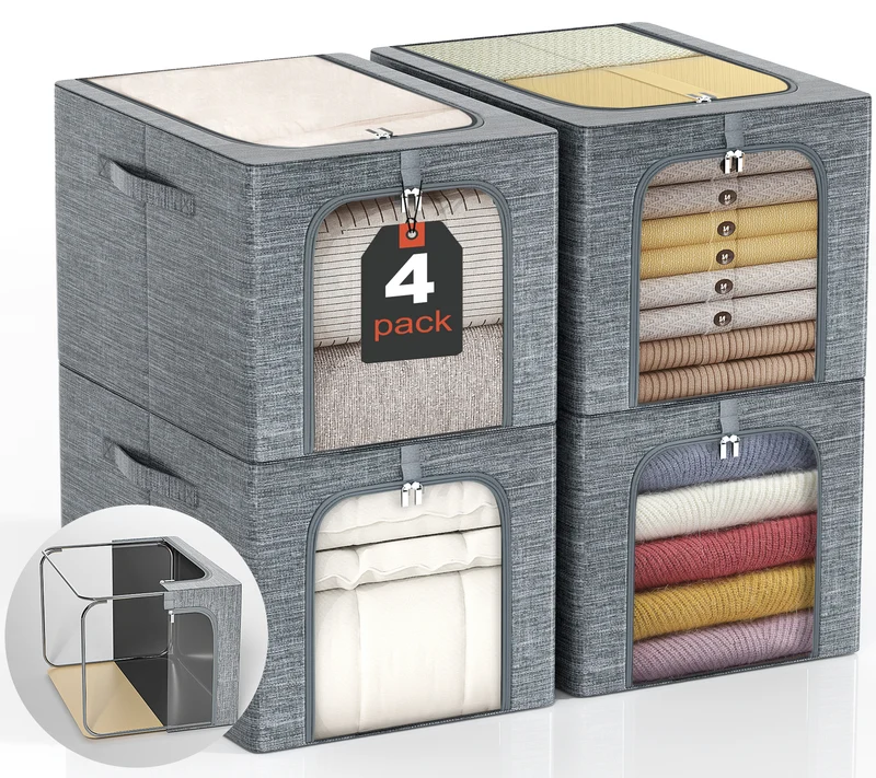GoMaihe Clothes Storage Bin with Metal Frame for Sweater Organizer Top Shelf Closet