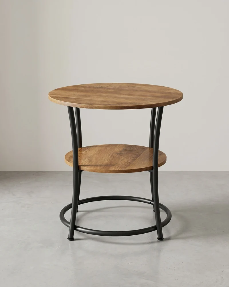 Runder Beistelltisch Walnussbraun-Schwarz – 2 Ebenen – Verstellbare Beine – 55 cm Durchmesser