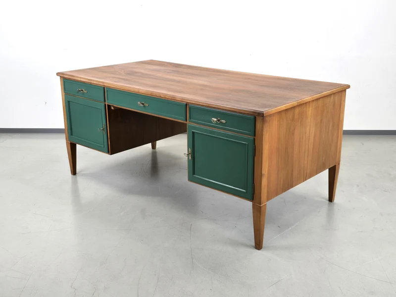 VINTAGE NUSSBAUM SCHREIBTISCH holz tannengrün tisch büro groß antik