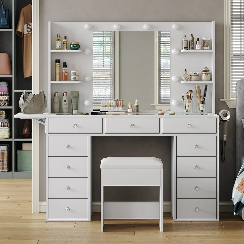 11-Drawer LED Mirror Vanity Desk - Yanosaku