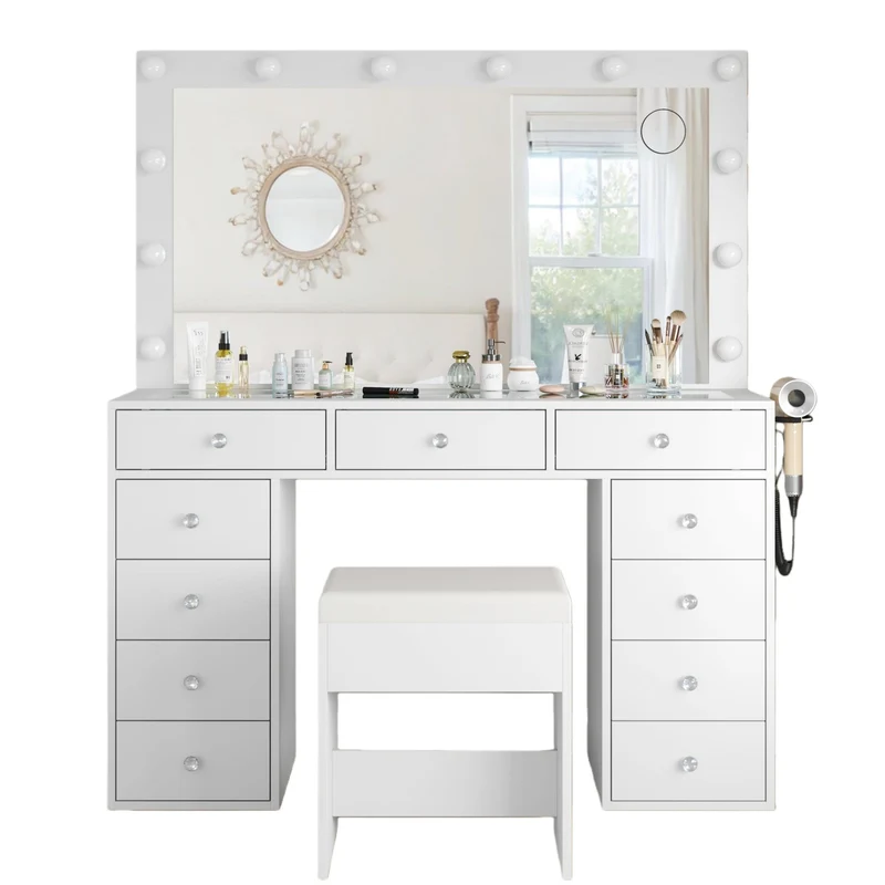 11-Drawer LED Mirror Vanity Desk - Yanosaku