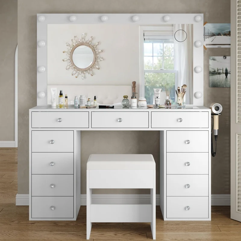 11-Drawer LED Mirror Vanity Desk - Yanosaku