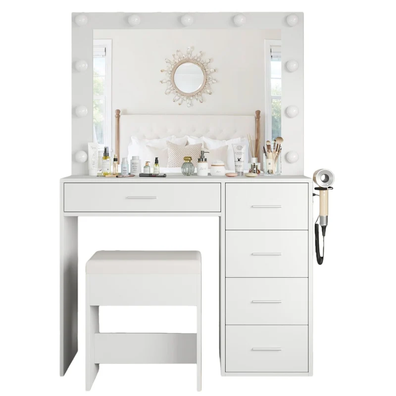 5-Drawer LED Mirror Vanity Desk - Yanosaku