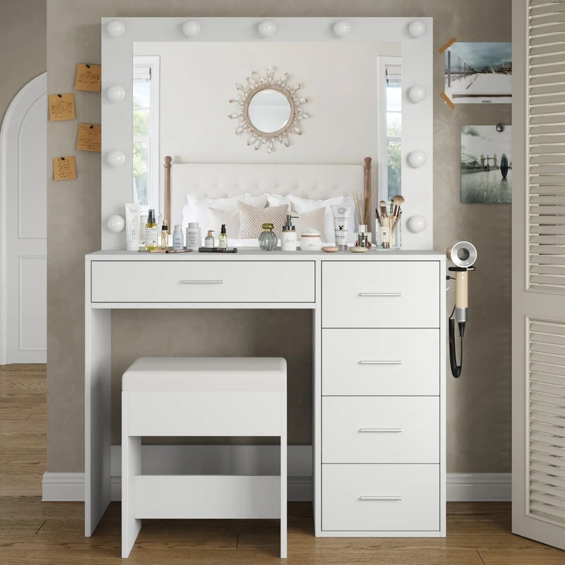 5-Drawer LED Mirror Vanity Desk - Yanosaku