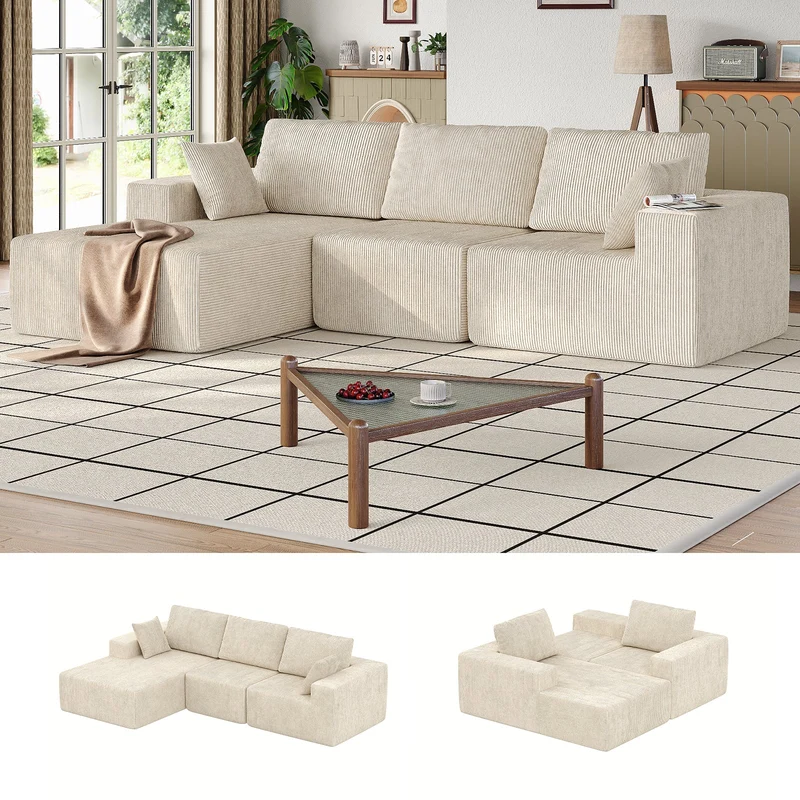 107" L-Shaped Modular Sectional Sofa with Chaise, Beige - Yanosaku