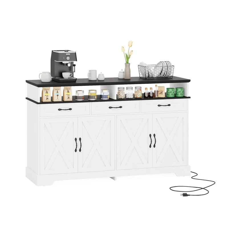 63" Buffet Cabinet with Charging Station, White -Yanosaku