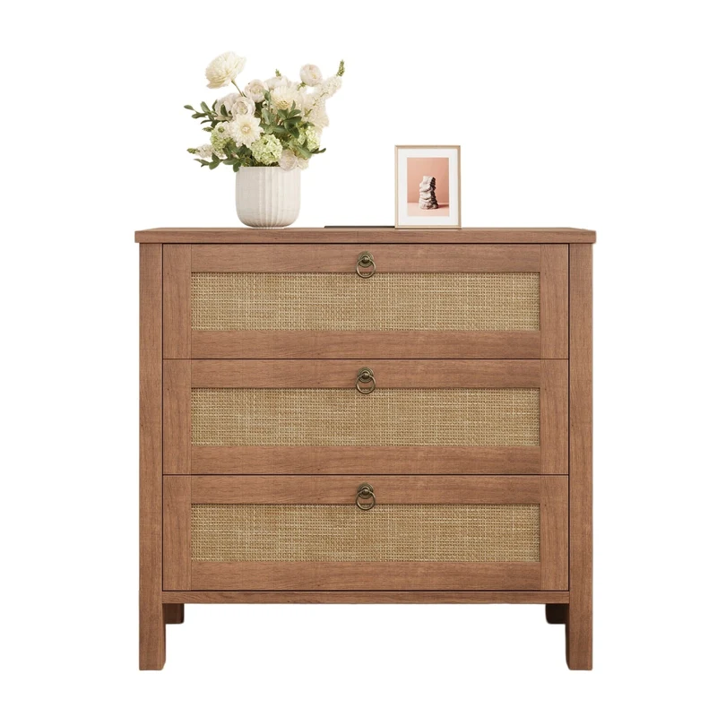 Rattan Nightstand with Charging Station, 3 Drawers, Caramel Oak - Yanosaku