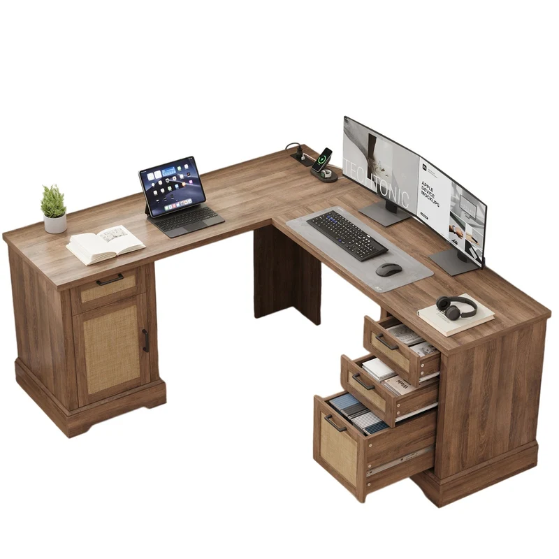 59" L-Shaped Corner Desk with 3 Drawers, Power Outlets, White - Yanosaku