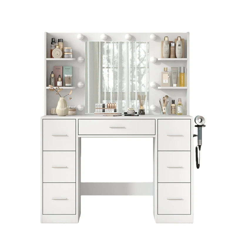 7-Drawer LED Mirror Vanity Desk with Charging Station - Yanosaku