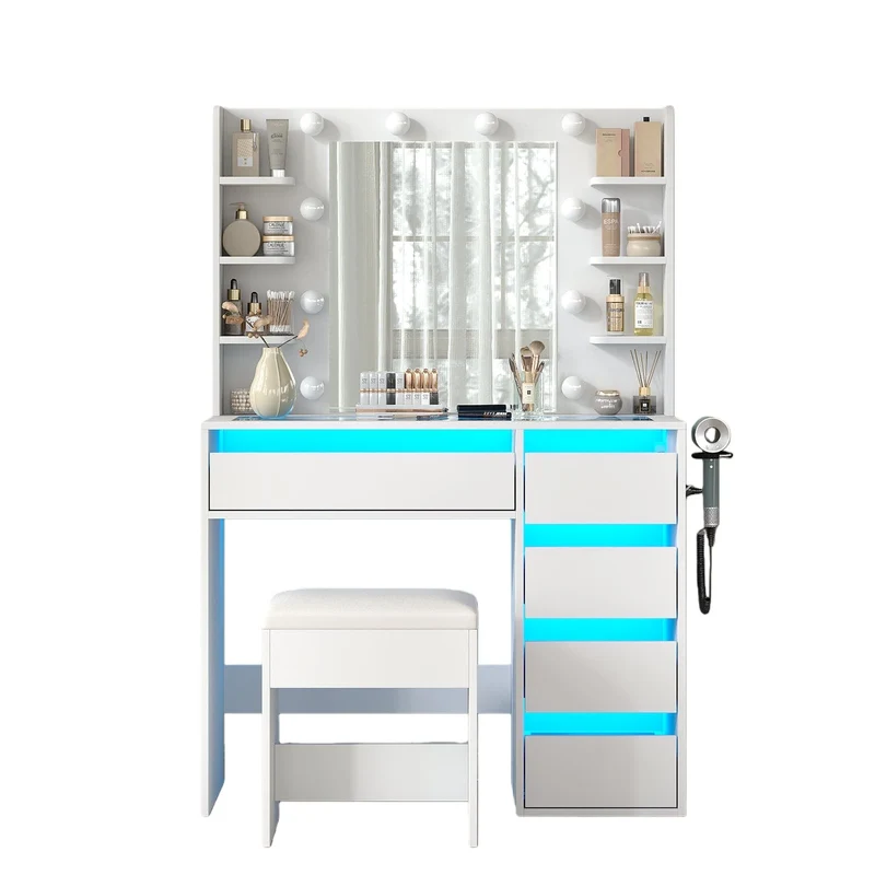 Vanity Desk with Mirror, 3 Lighting Modes, 5 Drawers, Glass Top - Yanosaku