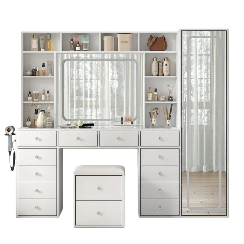 14-Drawer Full-Length Mirror Vanity Desk with 10 Shelves, White - Yanosaku