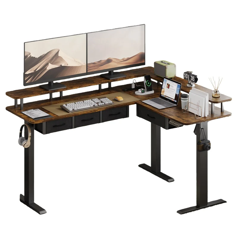 Electric Standing Desk with RGB LED with Monitor Stand Rustic Brown - Yanosaku
