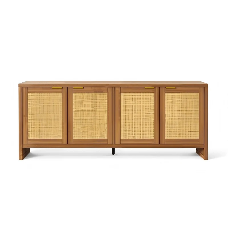61.5" Rattan TV Stand for TVs up to 65", 4-Door, Walnut - Yanosaku
