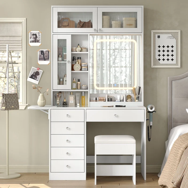 LED Mirror Vanity Desk with Stool White - Yanosaku