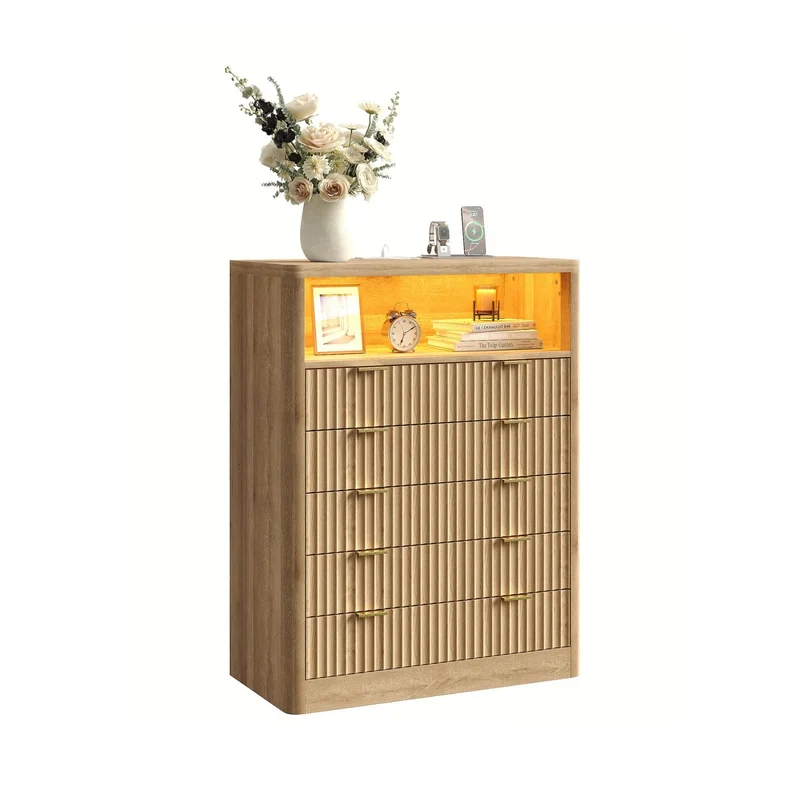 Fluted LED Nightstand with Charging Station, 5-Drawer, Oak - Yanosaku