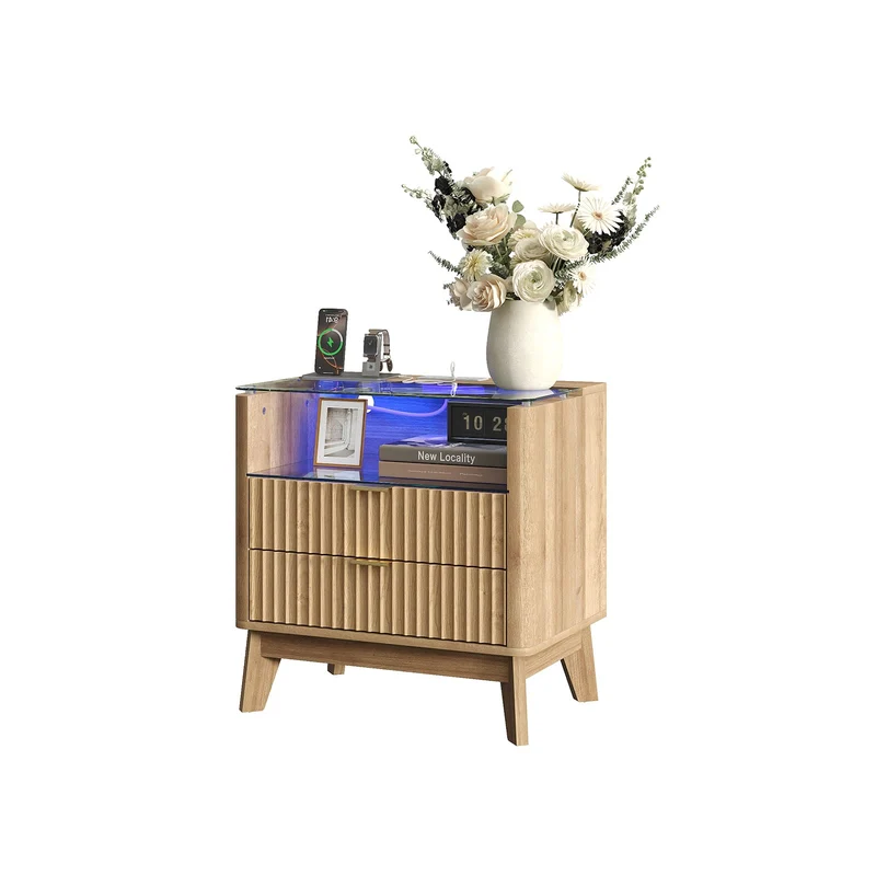 23" Fluted LED Nightstand with Charging Station, Drawers, Oak - Yanosaku