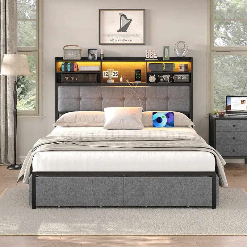 Full LED Bed Frame with LED, USB Charging, Storage Drawers, No Box Spring Needed - Yanosaku