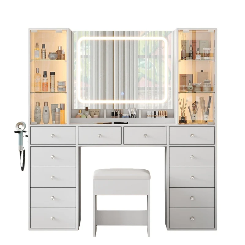 12-Drawer Mirror Vanity Desk - Yanosaku