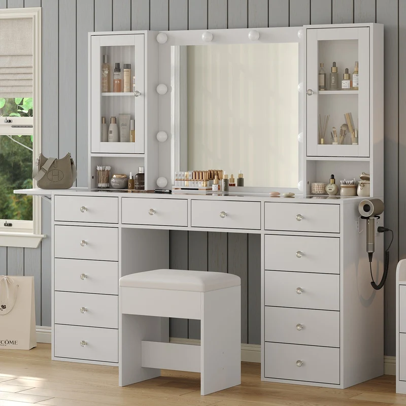12-Drawer LED Mirror Vanity Desk - Yanosaku