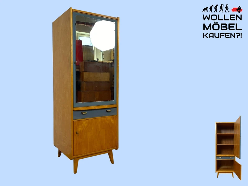 Sehr hübscher 60er Jahre Schrank mit Spiegel , Schublade & Messinggriffen I Schrank Kleiderschrank Spiegelschrank Flurschrank Garderobe Badschrank Mid-Century Vintage 50er