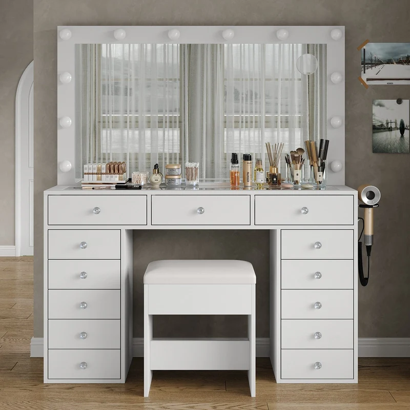 13-Drawer LED Mirror Vanity Desk - Yanosaku