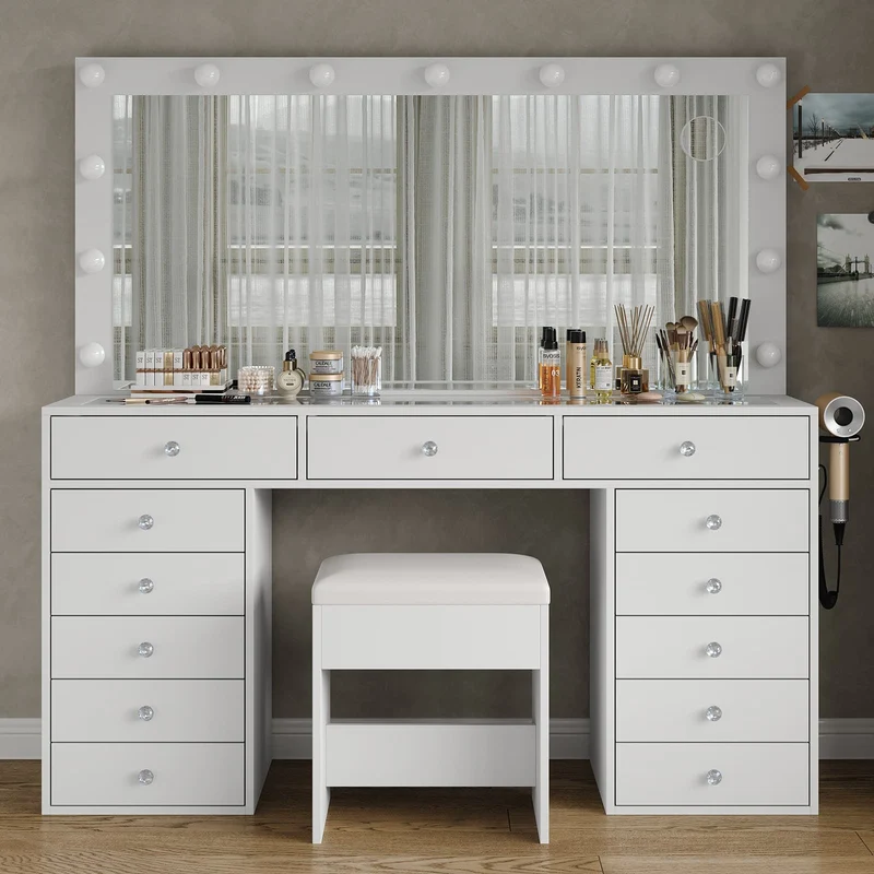 13-Drawer LED Mirror Vanity Desk - Yanosaku