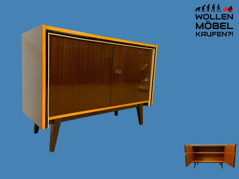 Stilvolles dunkles 60er Jahre Sideboard mit konischen Füßen und Messing Beschlag I Kommode Schrank Wäschekommode Fernsehkommode TV Lowboard Board 50er Rockabilly Vintage I