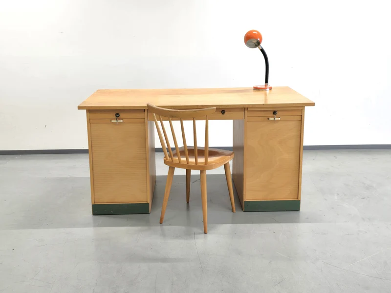 VINTAGE ROLLTÜREN SCHREIBTISCH tisch büro holz werkbank 1960er mid century
