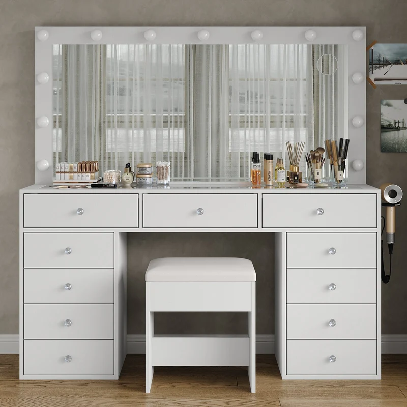 11-Drawer LED Mirror Vanity Desk - Yanosaku