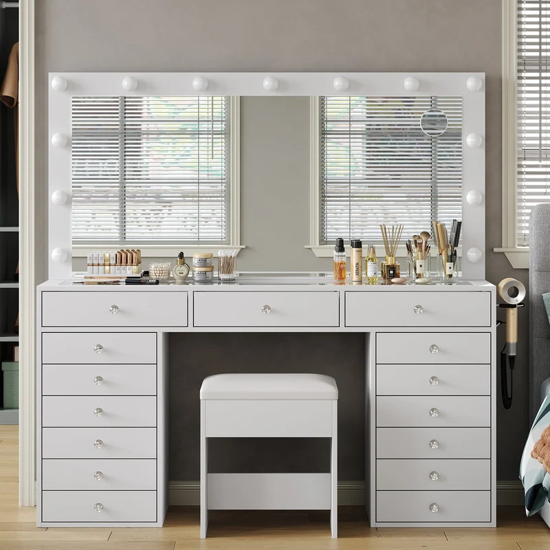 15-Drawer LED Mirror Vanity Desk - Yanosaku