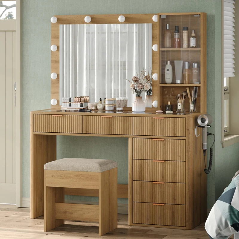 7-Drawer LED Mirror Vanity Desk - Yanosaku