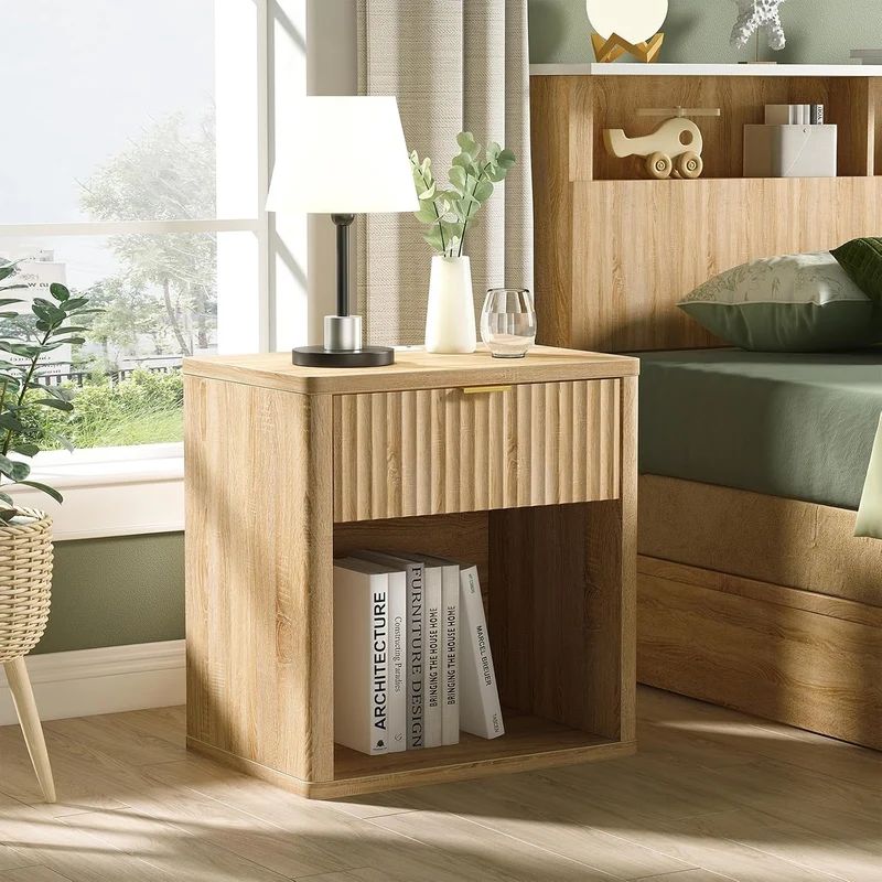 Fluted LED Nightstand with Charging Station, Drawer Side Tables, Oak -YANOSAKU