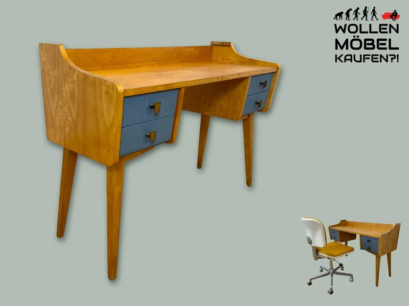 Hübscher kleiner Mid-Century Schminktisch / Schreibtisch mit Schubladen & Messinggriffen I Frisiertisch Schminkkommode Frisierkommode Kinderschreibtisch Vintage 60er DDR I