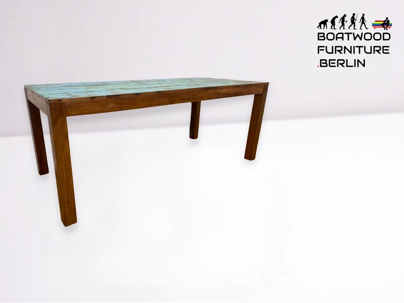 Einzigartiger 200x90cm großer meeresblauer Esstisch handgefertigt aus altem Bootsholz I Teakholz massiv I Tisch Küchentisch Gartentisch Holztisch Dining Table I