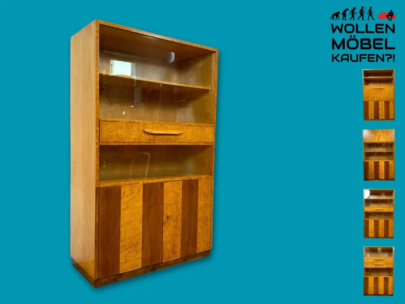 Schöne 50er Jahre Vitrine aus vollem Holz in Maserbirke I Schrank Glasvitrine Wohnzimmerschrank Highboard Bücherschrank Geschirrschrank Vintage Mid-Century 60er I