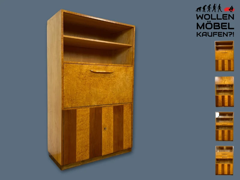 Hübscher 50er Jahre Schreibschrank aus vollem Holz in Maserbirke I Schrank Sekretär Schreibtisch Schreibkommode Highboard Bücherschrank Barschrank Vintage Mid-Century 60er I