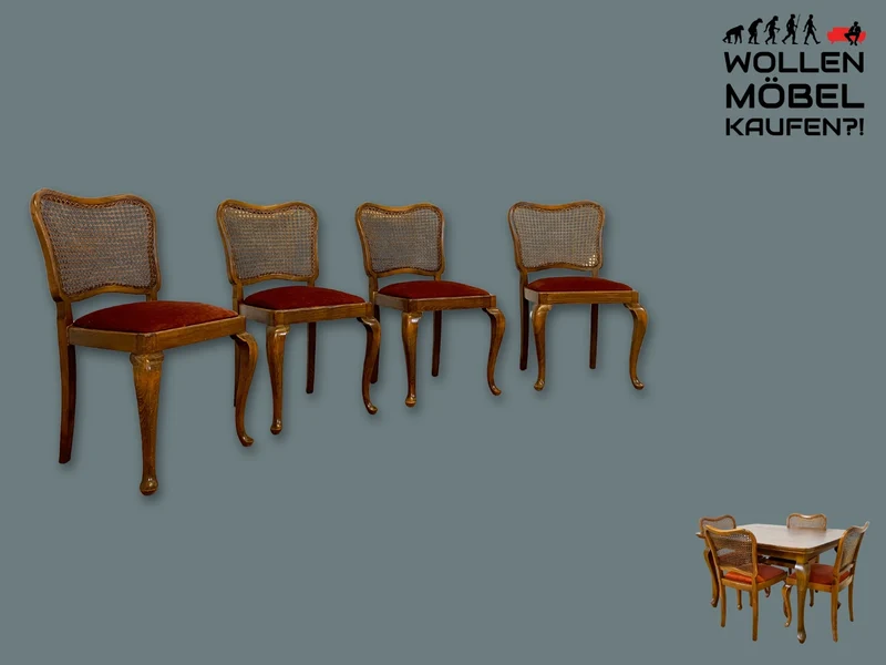 Set aus 4 wunderschönen 50er Jahre Chippendale Esszimmerstühlen mit Wiener Geflecht & bordeaux rotem Bezug I 4er Stühle Holzstühle Küchenstühle Mid-Century Vintage Barock I