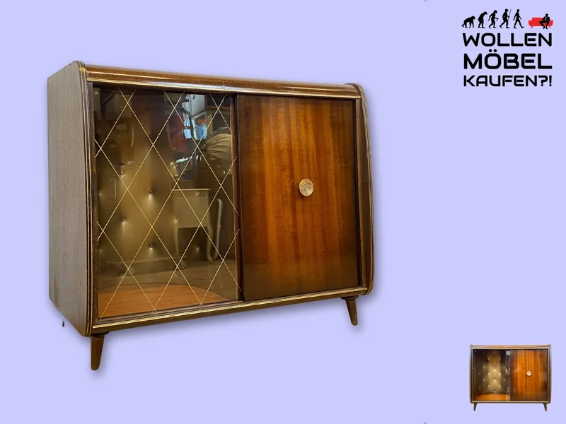 Formschöne dunkle 50er Jahre Barkommode mit Schiebetüren , Originalglas und Messingbeschlag I Bar Barschrank Vitrine Kommode Sideboard Rockabilly Mid-Century Vintage 60er I