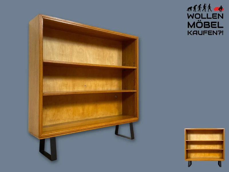 Minimalistisches Mid-Century Regal , Vollholz, mit verstellb. Regalböden & neuen Metallfüßen