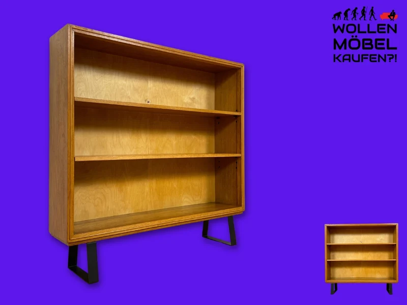 Hochwertiges Mid-Century Regal aus vollem Holz mit verstellbaren Regalböden & neuen Metallfüßen I Holzregal Bücherregal Bücherschrank Küchenregal Regalwand Vintage Retro 60er I