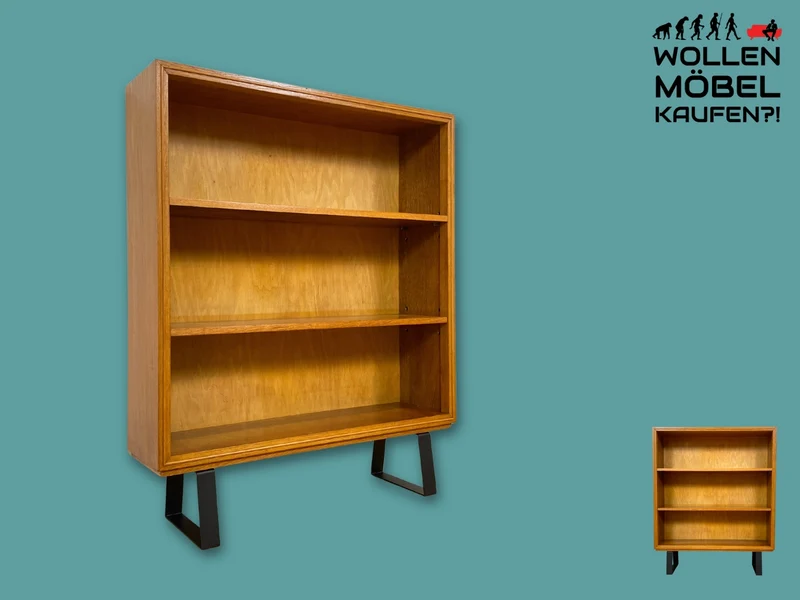 Stilvolles helles Mid-Century Regal , Vollholz, mit verstellb. Regalböden & neuen Metallfüßen I Holzregal Bücherregal Bücherschrank Küchenregal Regalwand Vintage Retro 60er I