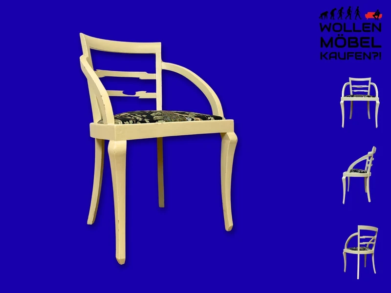 Formschöner und stabiler weißer antiker Armlehnstuhl mit wunderschönem Pfauenstoff I Stuhl Sessel Armchair Schreibtischstuhl Lesestuhl Lesesessel Jugendstil Vintage I
