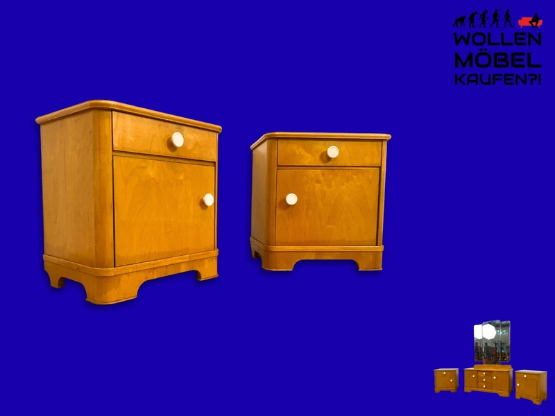 Freundlicher heller Mid-Century Nachttisch mit Schublade und Glasauflage I Vollholz furniert I Nachtkommode Nachtschrank Nachtschränkchen Kommode 60er Vintage I